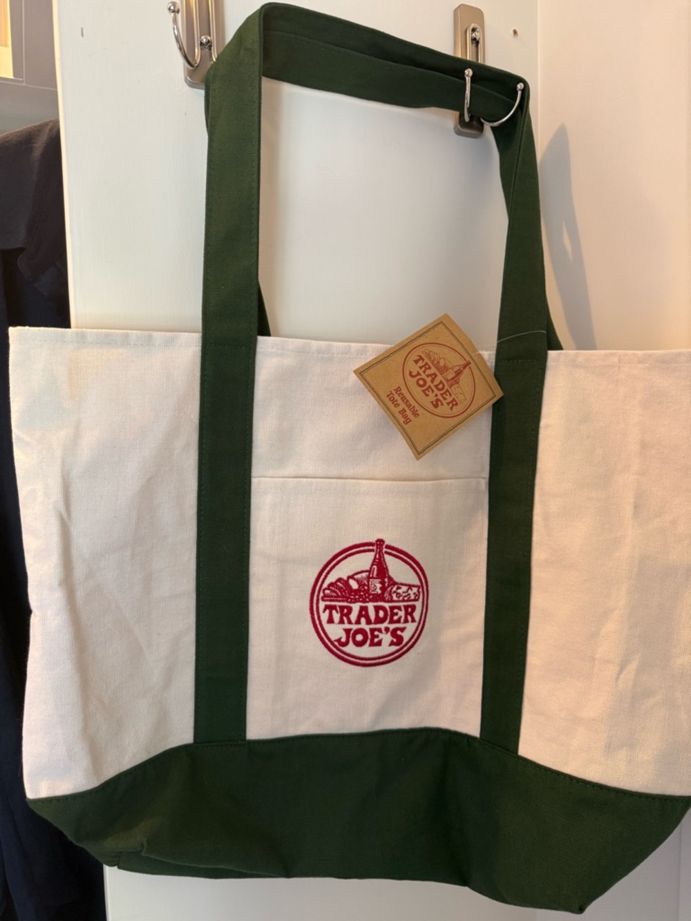 Trader Joe's Large Canvas Tote Bag in Cream and Forest Green